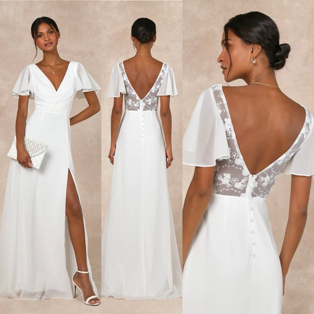 Lulus Beautiful Perfection White Flutter Sleeve Embroidered Maxi Dress